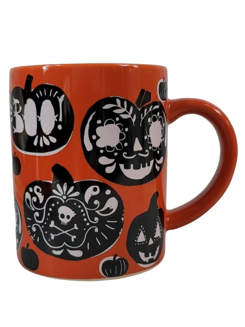 Crate & Barrel Halloween Mug Orange 14oz Boo Pumpkins Jack O'Lantern Dia Muertos